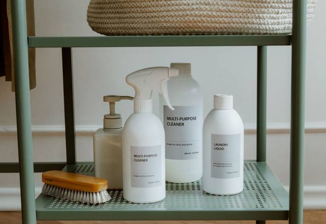Cleaning products on a shelf